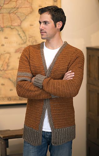 Classic Letterman Sweater from Love of Crochet, Winter 2013! Crochet For Men, Crochet Jackets, Letterman Sweaters, Sweater Details, Crochet Men, Hat Patterns Free, Knit Hat For Men, Knitting Patterns Free Hats, Vintage Crochet Pattern