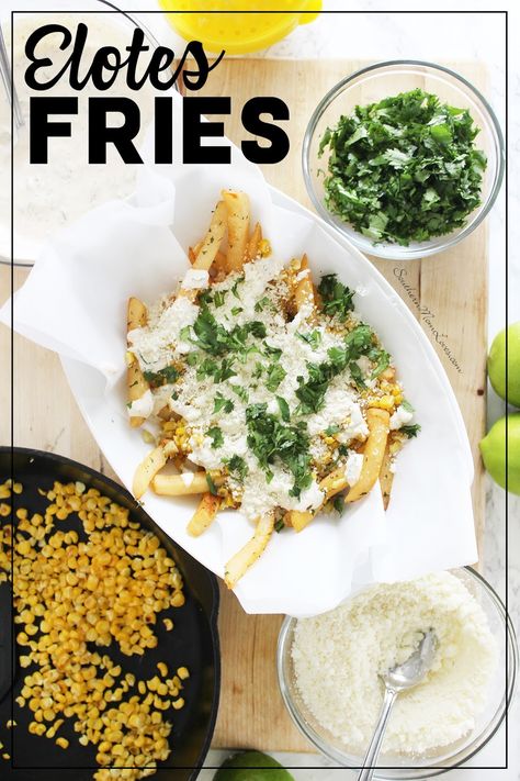 Cinco de Mayo is drawing closer and I've got a great recipe for your celebrations: Elotes Fries! Elotes are a cob of roasted corn, slathered with a lime & garlic cream, rolled in salty, crumbled cotija cheese, sprinkled with chopped cilantro and it's commonly sold as street food in Mexico. It's ridiculously delicious and I've made them into a topping for fries. You're welcome. 😉 #recipe #fries #loadedfries #elotes #corn #potatoes Elote Fries, Cheap Side Dishes, Food In Mexico, Appetizer Wraps, Drawing Closer, Hispanic Recipes, Southern Mom, Loaded Fries, Bar Food