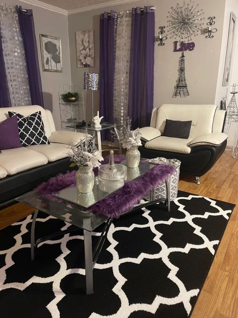 Purple Home Accents, Black And Lavender Living Room, Black Grey And Purple Living Room, Navy Blue Grey And Purple Living Room, Black Gold And Purple Bedroom, Blue And Purple Living Room Decor, Living Room Purple And Grey, Purple Grey And Black Bedroom, Purple And Silver Living Room Ideas