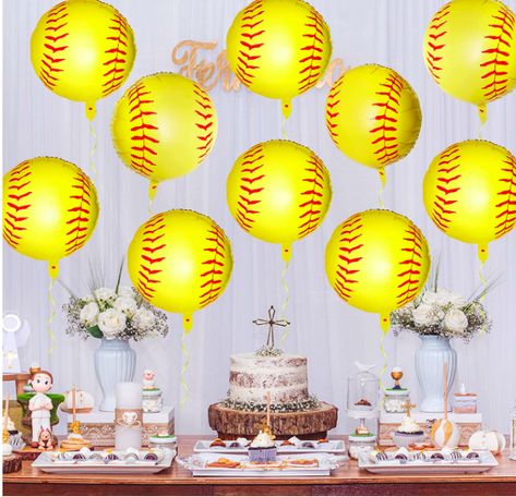 Softball Balloon Decorations, Softball Party Favors, Softball Party, Birthday Party Balloon, Girl Baby Shower Decorations, Sports Themed Party, Sports Theme, Foil Balloons, Boy Party