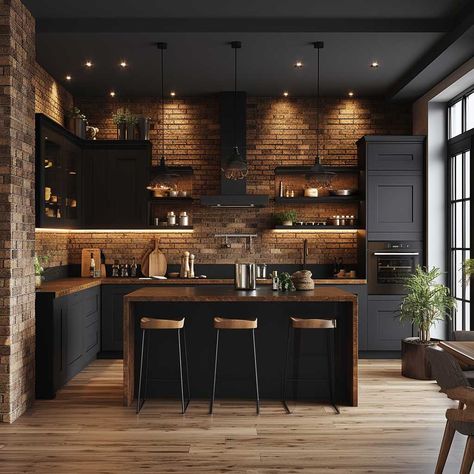 Navigate the Moody Farmhouse Kitchen Trend with Ease • 333+ Art Images Industrial Kitchen Design, Industrial Style Kitchen, Dark Kitchen, Industrial Kitchen, Chic Kitchen, Kitchen Inspiration Design, Kitchen Trends, Trendy Kitchen, Open Kitchen