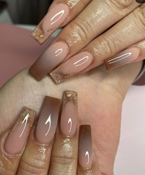 Simple Fall Nails Medium, Brown Nails Acrylic Ombre, Fall Set Acrylic Nails, Brown Nails For Wedding, Pink And Brown Ombre Nails, Chocolate Ombre Nails, Natural Color Nail Designs, Beige Square Nails, Natural Nails Brown