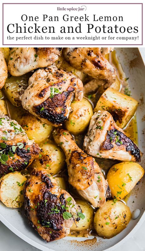 Greek Chicken and Potatoes – An easy one pan meal that comes together quickly and is sure to be a crowd pleaser! Scented with lemons and loaded with oregano! #lemonchicken #roastedchicken #chickenrecipes #greekpotatoes #greekchicken | Littlespicejar.com Lemon Greek Chicken And Potatoes, Greek Chicken Thighs And Potatoes, One Pan Greek Lemon Chicken And Potatoes, Lemon Greek Chicken, One Pan Greek Chicken, Greek Lemon Chicken And Potatoes, Greek Chicken And Potatoes, Baked Greek Chicken, Greek Lemon Potatoes