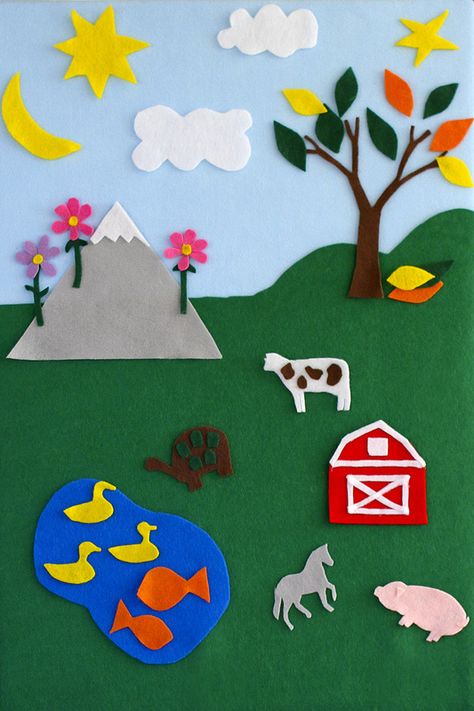 DIY simple felt board with mountain, tree, sun, moon, pond and barn. By Calm Cradle Photo & Design Felt Board Templates, Diy Felt Board, Felt Story, Felt Boards, Fuzzy Felt, Flannel Boards, Diy Events, Mountain Tree, Felt Board Stories