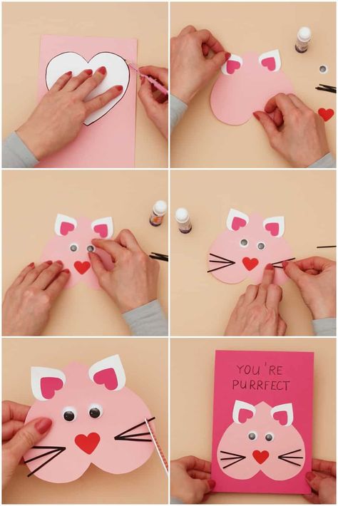 Valentine Cards For Kids Handmade, Valentine Card Ideas Handmade Kids, Diy Valentine’s Day Cards For Kids, Cat Card Ideas, Cat Crafts For Kids, Valentine Jokes, Valentines 2024, Preschool Valentine Crafts, Valentines Diy Kids