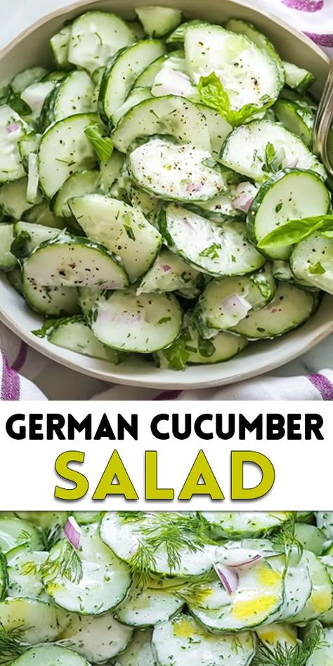 German Cucumber Salad Ingredients: 2 large cucumbers, thinly sliced 1/4 cup white vinegar 1 tablespoon sugar 1/2 teaspoon salt 1/4 teaspoon black pepper 2 tablespoons fresh dill, chopped (optional) 1 small onion, thinly sliced (optional) 1/4 cup sour cream (optional for a creamy version) #salad #cucumber #easyrecipes Cucumbers And Sour Cream Vinegar, Cucumber Salad White Vinegar, Grandmas Cucumber Salad, Cucumber Salad Recipes Vinegar, Cucmber Salad, Dill Cucumber Salad, Cucumber Salad Recipes, Cucumber Salad Vinegar, Cucumber Salads