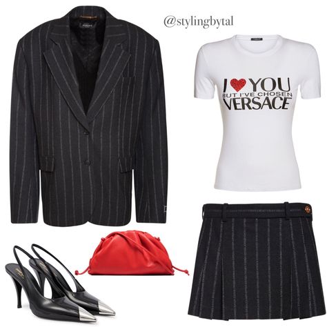 Versace Outfit Women Casual, Versace Shirt Women, Versace Outfit Women, Versace Blazer, Skirts Summer, Ysl Heels, Versace Logo, Versace Shirt, Wardrobe Stylist