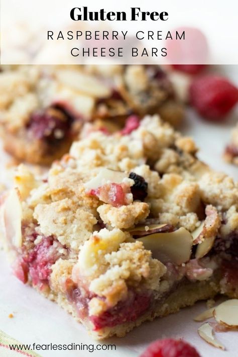 Raspberry Cream Cheese Bars, Gluten Free Dessert Bars, Raspberry Crumble Bars, Raspberry Cream Cheese, Cheese Bars, Gluten Free Desserts Healthy, Raspberry Crumble, Best Gluten Free Desserts, Cream Cheese Bars