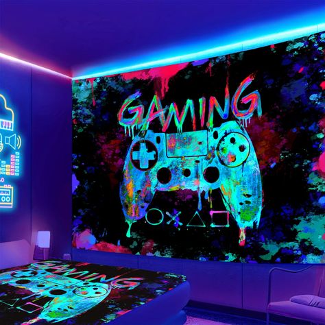 PRICES MAY VARY. Vibrant Visual Feast: Adorn your gaming space with this eye-catching gaming tapestry, featuring a vivid game controller against a dynamic, neon-infused background for a visual pop. Large Wall Coverage: Measuring an impressive 60x50 inches, this tapestry covers a substantial wall area, instantly transforming the look and feel of your room. Easy to Hang: Set up in moments with simple hanging accessories, this lightweight fabric tapestry can be hung with ease, providing a hassle-fr Video Game Bedroom Decor, Diy Gamer Decor, Kids Gaming Room Ideas Boys, Gaming Bedroom Decor, Boys Gamer Bedroom Ideas, Neon Gaming Room, Video Game Bedroom, Neon Room Decor, Neon Game