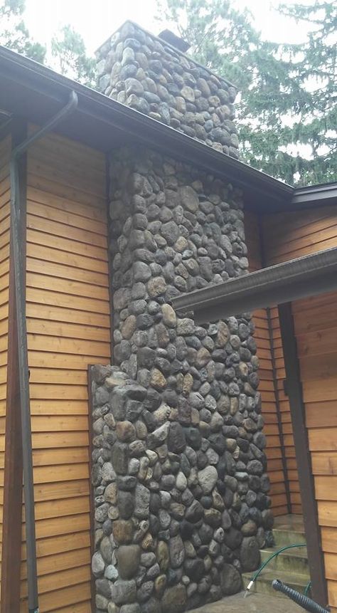 Chimney Exterior, Trim Cabinets, River Rock Stone, Chimney Design, Cottage Fireplace, Faux Rock, Stone Chimney, Ranch Exterior, Oak Trim