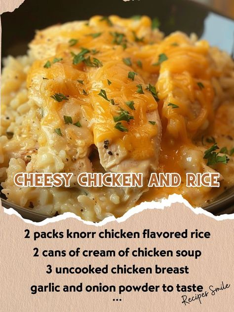 Chicken And Rice Knorr, Knorr Chicken Rice Casserole, Chicken And Knorr Rice Casserole Recipes, Knorr Recipes Chicken, Knorr Rice Recipes, Uncooked Chicken, Knorr Recipes, Cheesy Chicken And Rice, Chicken Flavored Rice