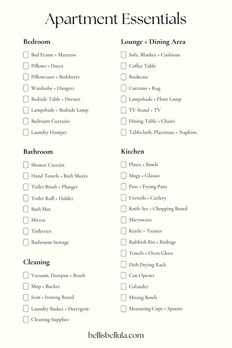 Home Packing Tips, First Apartment Registry, First Apartment Checklist Minimalist, Apartment Supply List, Move In Day Essentials, List For New Apartment, Apartment Tips And Tricks, Apartment Necessities List, Apartment List Of Needs