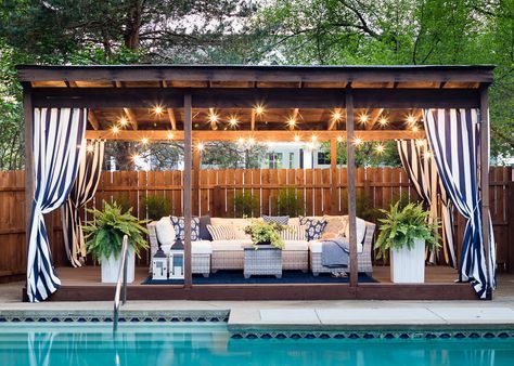 Inspiring Outdoor Rooms for Summer via Lilypad Cottage Backyard Pool Cabana, Pool Cabana Ideas, Backyard Cabana, Carport Modern, Pool Gazebo, Pool Dekor, Outdoor Drapes, Outdoor Pool Area, Pool Cabana