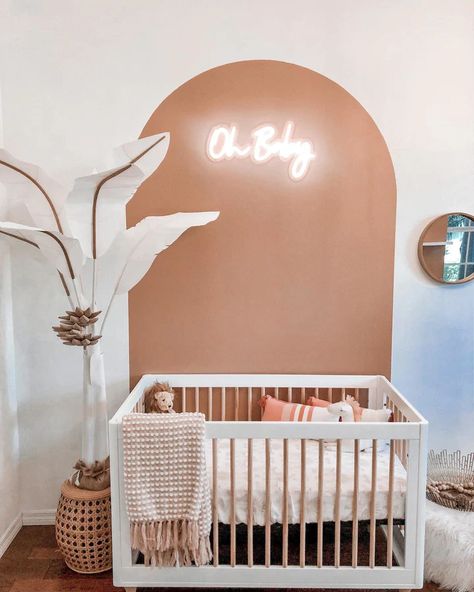 Olive Nursery, Boho Arch Wall, Peach Nursery, Nursery Gliders, Wall Decal Bedroom, Arch Wall Decal, Boho Baby Nursery, Peach Paint, Nursery Accent Wall