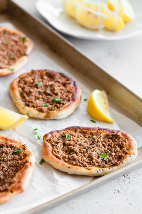 Lahm Bi Ajeen | Sfiha (Middle Eastern Flatbread) - Hungry Paprikas Middle Eastern Recipes Arabic Food, Spiced Beef, Za Atar, Eastern Cuisine, Lebanese Recipes, Mediterranean Cuisine, Middle Eastern Recipes, Arabic Food, Perfect Breakfast