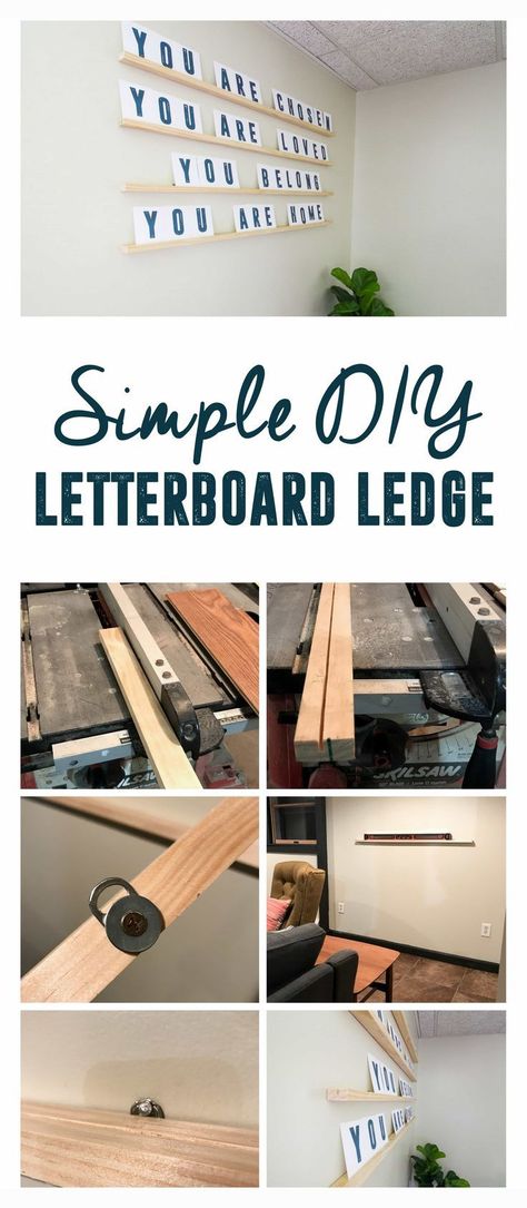 DIY Letterboard Ledge, How to Build a Letterboard Ledge, DIY Letter Board Ledge, Oversized Letterboard, How to Build a letterboard, DIY Letterboard Shelves Wall Letter Board, Diy Letterboard, Diy Letter Board, Easy Shelves, Diy Regal, Basement Living, Modern Basement, Basement Living Rooms, Diy Wand