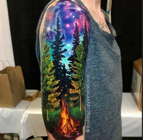 Arm Tattoos Stars, Forest Tattoo Sleeve, Natur Tattoo Arm, Camping Tattoo, Forest Tattoo, Nature Tattoo Sleeve, Pine Tree Tattoo, Galaxy Tattoo, Landscape Tattoo