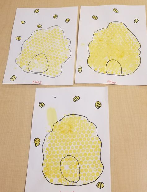 Today we talked about Honey Comb and explained to the kids that hives have rooms called combs and also bees store their food in honeycomb. Enjoyed bubble wrap painting and made honeycomb patterns on the paper. Bee Honeycomb, Art Activities For Toddlers, Drawing Activities, Preschool Art Activities, Monthly Themes, Honeycomb Pattern, Finger Painting, Bee Theme, Baby Art