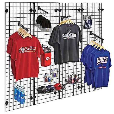 Gridwall Displays, Gridwall Accessories in Stock - ULINE - Uline Grid Wall Booth Display, Merch Wall Display, Gridwall Display Ideas, Grid Wall Display, Merch Wall, Wire Grid Wall, Merch Display, Flat Photography, Wall Hat Racks