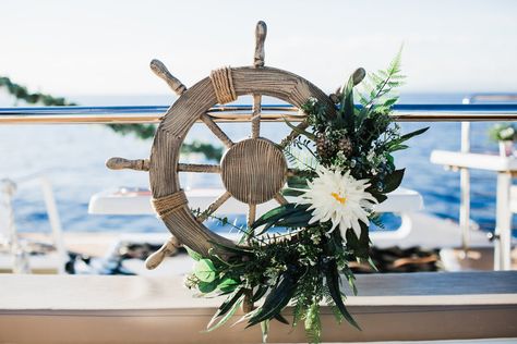 Invoking the true nature of a wedding at sea, this package includes anchor motifs, cool hues and seaside vibes. Learn more about our nautical wedding decor package here. #nauticalwedding #weddingatsea #boatwedding #destinationwedding #justmauid Yacht Club Wedding Decor, Yacht Wedding Decor, Boat Wedding Decorations, Yacht Proposal, Elegant Nautical Wedding, Sailing Wedding, Seaside Wedding Decor, Nautical Wedding Decor, Nautical Wedding Inspiration