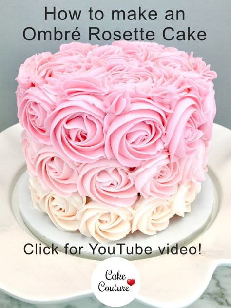 Cakes With Pink Frosting, Pink And White Rosette Cake, How To Make A Rosette Cake, Roses On Cakes Buttercream, Floral Piped Cake, How To Make Rosettes On A Cake, Pink Rossete Cake, Rosette Cupcakes With Sprinkles, Ombré Rosette Cake