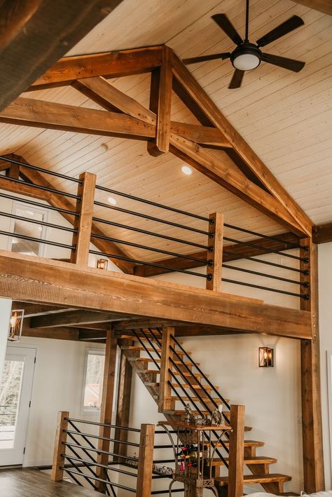 Loft Railing, Timber Frame Cabin, Cabin Loft, Barn Loft, Timber Frame Home, Home Cottage, Log House, Frame Structure, Country Cabin