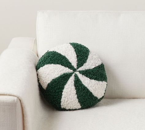 Holiday Pillows Knit, Crothet Christmas Pillow, Subtle Christmas Pillows, Christmas Pillows Macrame, Peppermint Pillow, Pottery Barn Green, Pottery Barn Holiday, Christmas Dorm, Holiday Pottery