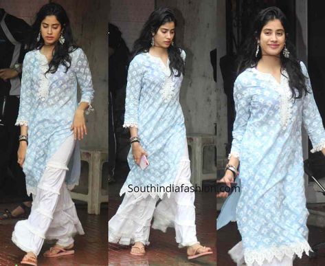 Janhvi kapoor stepped out wearing a light blue kurta with sharara pants. She paired her look with silver earrings and bracelets! Janvhi Kapoor Outfits, Janhvi Kapoor Kurta, Jahnvi Kapoor Desi Style, Anarkali Party Wear, Janvhi Kapoor, Ethnic Fashion Indian, Janvi Kapoor, Kurta Embroidery, Jahnvi Kapoor