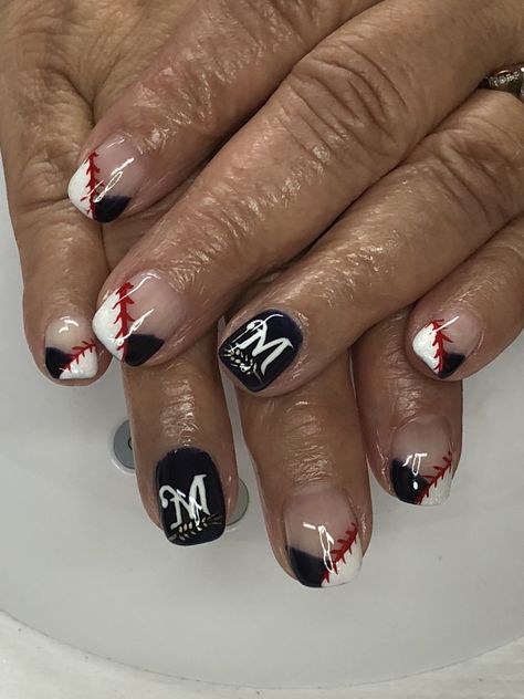 Milwaukee Brewer Baseball Nails!! Baseball Mom Nails, Milwaukee Brewers Nails, Brewer Nails Milwaukee, Vintage Graduation Party Ideas, Brewers Nails, Brewers Nail Designs, Baseball Nails Design Mom, Subtle Baseball Nails, Braves Baseball Nails