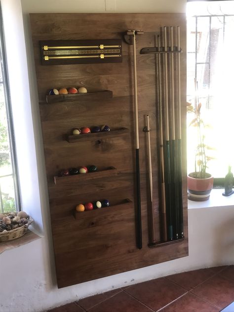 Handmade Pool Cue Rack Pool Table Room Seating Ideas, Diy Pool Cue Rack, Billard Rooms, Snooker Room Ideas, Pool Cue Storage, Pool Table Room Decor, Pool Stick Holder, Pool Rack, Pool Cue Holder