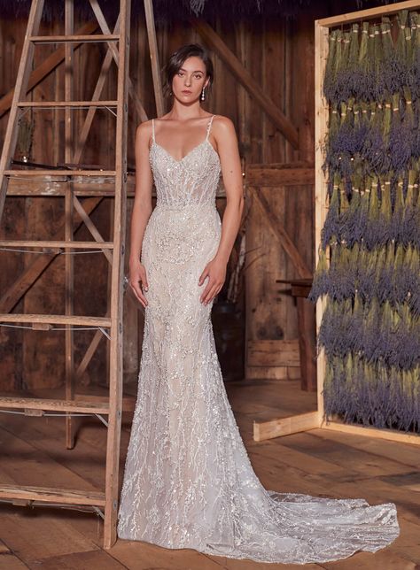 LA24118-Desiree-Sheath Wedding Dress with Spaghetti Straps and All Over Sparkle Modern Sparkly Wedding Dress, Sequence Wedding Dress Sparkle, Beaded Fitted Wedding Dress, Sparkley Wedding Dress, Tight Wedding Dress Open Backs, Glitter Wedding Dresses, Wedding Dress Trumpet, 2026 Wedding, Tangled Wedding