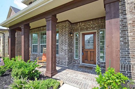 Cedar Wrapped Porch Posts Brick House, Wood Pillars Front Porch Brick House, Cedar Porch Posts, Stained Porch, Cedar Porch, Cedar Beams, House Pillars, Front Porch Posts, Front Porch Columns