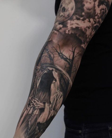 black and grey Grim Reaper with forest  done by @hontattoostudio Grim Reaper Cemetery Tattoo, Realistic Grim Reaper Tattoo, Realism Grim Reaper Tattoo, Girly Grim Reaper Tattoo, Don’t Fear The Reaper Tattoo, Grave Yard Tattoos, Grim Reaper Sleeve Tattoo, Grim Reaper Tattoo Designs Drawings, Dark Tatoos