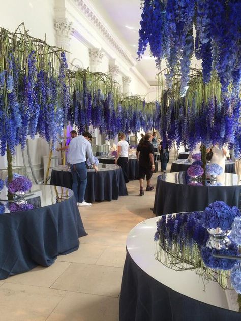 Blue Wisteria Wedding, Blue And Purple Wedding Decorations, Larkspur Wedding, Tall Flower Centerpieces, Purple Hydrangea Wedding, Wisteria Wedding, Galaxy Flowers, Purple And Gold Wedding, Hydrangeas Wedding