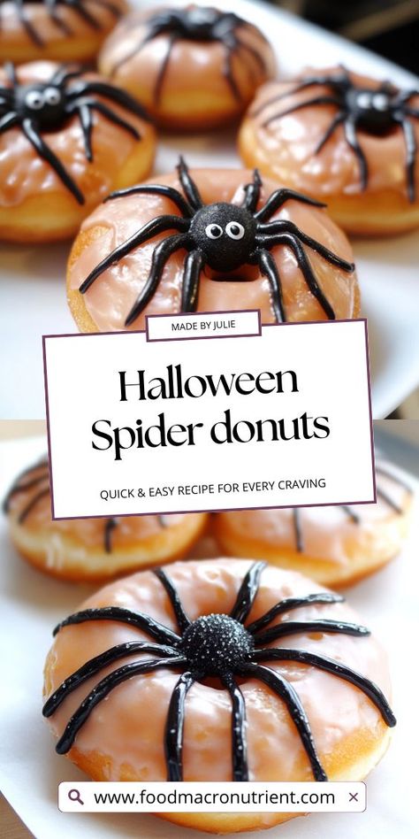 Transform your kitchen into a Halloween haven with these wickedly delicious spider donuts! With simple ingredients and a touch of creativity, you'll create the perfect blend of spooky and sweet. Ideal for Halloween parties or a fun baking day with the kids! Donut Spiders, Fangtastic Halloween, Spider Donuts, Chocolate Dipped Pretzel Rods, Chocolate Spiders, Wonton Soup Recipe, Dipped Pretzel Rods, Halloween Donuts, Spooky Snacks