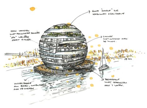 architecture sketch concept floating hotel Futuristic Building Sketch, Sphere Architecture Concept, Hotel Sketch Architecture, Spherical Architecture, Speculative Architecture, Floating Architecture, Floating Hotel, Conceptual Sketches, Architecture Program