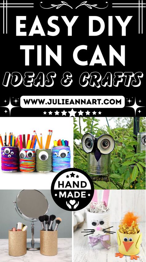 DIY Tin Can Crafts Things To Make With Cans, Tin Cans Crafts, Can Decorating Ideas Tin, Tin Can Luminaries Diy, Tin Can Mobile, How To Make A Tin Man Out Of Cans, Recycled Cat Food Can Crafts, Cat Food Tins Crafts, Luminary Diy