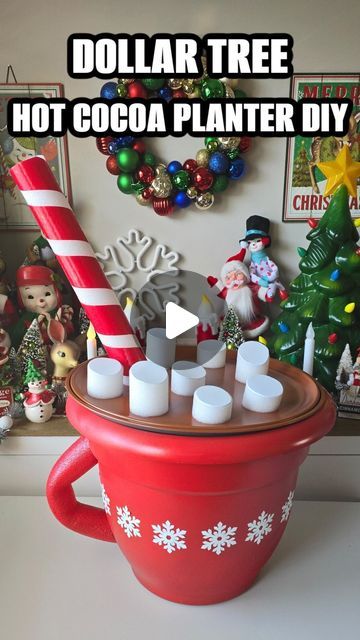 Bethany (Bargain Bethany) on Instagram: "Jumbo Hot Cocoa Mug using Dollar Tree items and a planter! #dollartree #dollartreediy #dollartreefinds #dollarchristmasdiys #christmasdecor #christmasdiy #christmasdiys" Dollar Tree Giant Ornament, Giant Hot Cocoa Mug Diy, Christmas Candy Decorations Diy, Christmas Gifts From Dollar Tree, Gingerbread Decor Diy, Diy Giant Hot Cocoa Cup, Dollar Tree Christmas Decor Diy, Hot Chocolate Decor, Dollar Tree Gifts