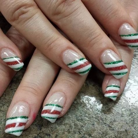 French Acrylic Nail Designs, Christmas Nail Designs Acrylic, Holidays Nails, Striped Nail Designs, Nails Toes, Fingernail Art, Xmas Nail Art, Nose Makeup, Candy Cane Nails