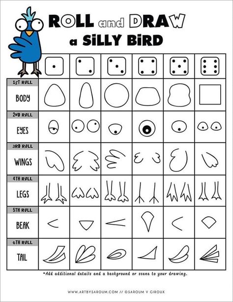 Roll And Draw, Draw Bird, Silly Bird, Drawing Games For Kids, Design Learning, Learning Corner, Rolling Dice, Drawing Activities, Pola Kartu