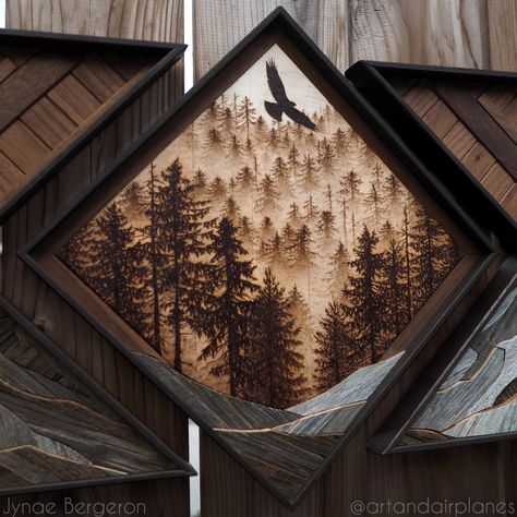 Foggy Forests | Art and Airplanes Wood Burned Mountain Scene, Pyrography Landscape, Wood Burning Gifts, Wooden Hammock Stand, Round Gazebo, Wood Burn Designs, Wood Craft Projects, Woodburning Projects, Cottage Signs