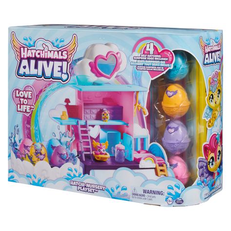 Play, hatch and nurture with the Hatchimals Alive Hatchi-Nursery Playset! With your love and care, Hatchimals Alive characters come to life in a new way. This fun playset features a magical multi-hatch with four self-hatching eggs that hatch when activated by water! Place the eggs in the pool, remove the pacifiers, fill the cloud with water and tilt it to pour down the rainbow slide. In seconds, four adorable Hatchimals crack through the eggs! Discover 13 accessories and explore the Hatchi-Nurse Hatchimals Toy, Hatching Eggs, Disney Phone Wallpaper, Nursery Set, Booster Seat, Beauty Crafts, Kids Lighting, In The Pool, Quilt Cover Sets