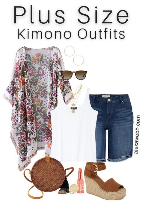 Plus Size Beach Vacation Outfits with a white tank, boho kimono, denim shorts, and platform espadrilles - Alexa Webb Plus Size Fall Beach Outfits, Hawaii Plus Size Outfits Ideas, Plus Size Resort Outfits, Plus Size Beach Vacation Outfits, Plus Size Summer Outfits 2023, Vacation Outfits Plus Size, Plus Size Beach Outfits, Kimono Outfits, Alexa Webb