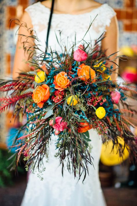 A colorful rustic bouquet for these Mexican 'Day of the Dead' (Dia de los Muertos) Halloween wedding ideas. Day Of The Dead Wedding, Clear Wedding Invitations, Wood Wedding Ring, Skull Wedding, Wedding Exits, Fall Wedding Centerpieces, Lace Wedding Invitations, Eco Friendly Wedding, Cute Wedding Ideas