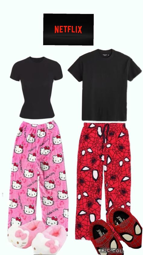 #pajamas #outfit #boyfriend #pilatesprincess #coffeeaesthetic #homedecor #home #netfilx #hellokitty #hellokittyaesthetic #spiderman #spidermanaesthetic Hello Kitty And Spiderman Outfit, Dr Pajamas, Hello Kitty X Spiderman, Spiderman Pajamas, Pajamas Outfit, Hello Kitty Clothes, Hello Kitty Aesthetic, Matching Couple Outfits, Matching Couple