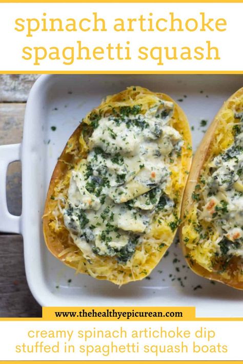 An overhead shot of spinach artichoke stuffed spaghetti squash. Spinach Artichoke Spaghetti Squash, Artichoke Spaghetti Squash, Artichoke Spaghetti, Spaghetti Squash Boats, Parmesan Spaghetti Squash, Spaghetti Squash Boat, Squash Boats, Artichoke Stuffed, Stuffed Spaghetti Squash