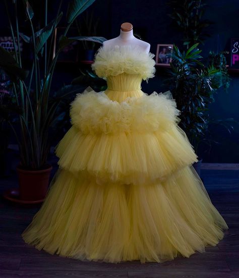 <ul> <li>Yellow pleated tulle dress with ruffles</li> <li>Corset with boning and laceup, back zipper</li> <li>Floor length with train</li> <li>Statement tulle skirt with puffy ruffles, sunny yellow</li> <li>Layers of asymmetrical ruffles</li> </ul> Pleated Tulle Dress, Unique Dress Design, Pleated Tulle, Unique Dress, Dress With Ruffles, Sunny Yellow, Unique Dresses, Dress Design, Tulle Dress