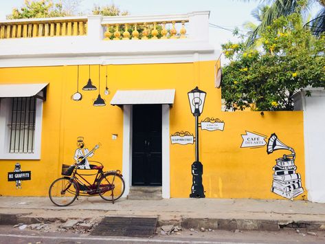 Qsr Restaurant Design, School Wall Art Ideas, Yellow Painted Walls, Vintage Coffee Shops, Exterior Murals, Small Restaurant Design, Barber Shop Interior, Angel Wings Wall Art, Blush Decor