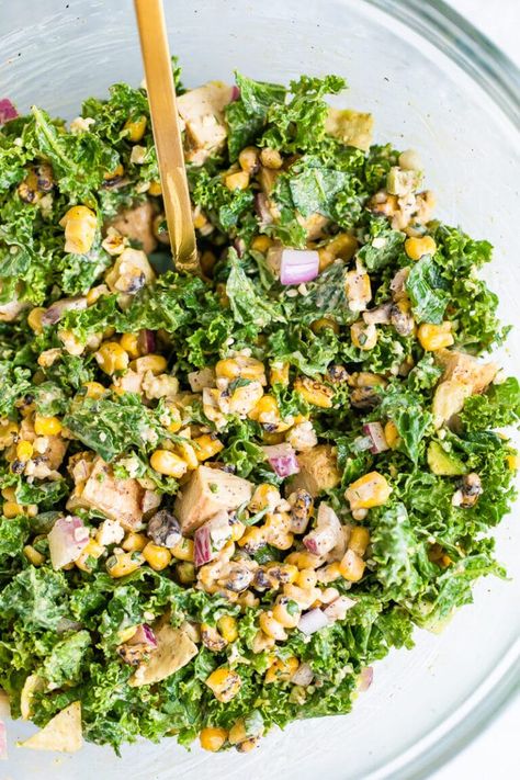 This Mexican street corn kale salad turns esquites into a meal-sized salad with kale, grilled chicken, avocado and tortilla chips! #kale #corn #salad #glutenfree #chicken #avocado #tortillachips #eatingbirdfood Corn Kale Salad, Grilled Chicken And Avocado, Avocado Chicken Recipes, Grilled Shrimp Seasoning, Kale Chicken Salad, Grilled Chicken Avocado, Chicken And Avocado, Street Corn Salad, Potluck Salad