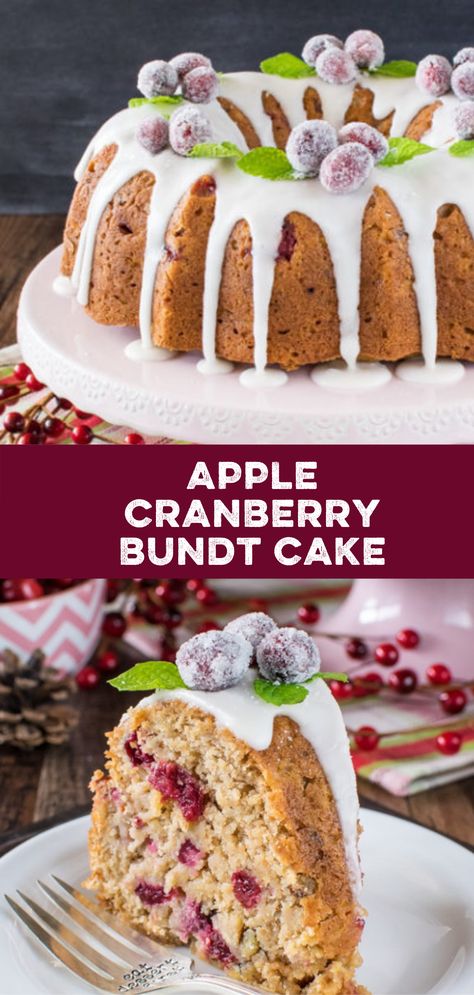 Give this caramel apple bundt cake a Christmas twist using cranberries and pecans. The cake has a dense texture giving it a fruit cake feel. I think adding candied cherries, orange zest, and coconut would be really good in it too. Grab the recipe now. A sweet glaze and sugared cranberries add a fun & festive flair to this Apple Cranberry Bundt Cake. This easy fruit cake is the perfect holiday dessert. Cranberry Bundt Cake, Comfort Baking, Healthy Cakes, Cranberry Cake, Sweet Glaze, Apple Recipe, Cranberry Apple, Pound Cakes, Cranberry Recipes